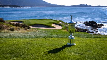 The US Open trophy on the seventh hole tee box at Pebble Beach