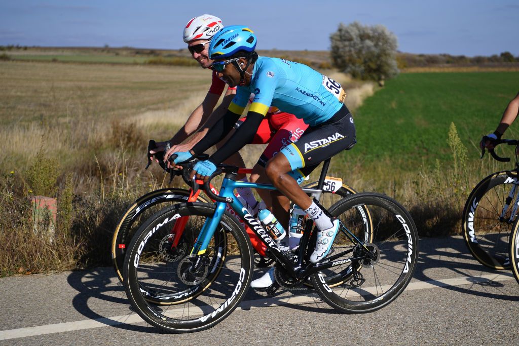 AGUILAR DE CAMPOO SPAIN OCTOBER 29 PierreLuc Perichon of France and Team Cofidis Solutions Credits Merhawi Kudus Ghebremedhin of Eritrea and Astana Pro Team during the 75th Tour of Spain 2020 Stage 9 a 1577km stage from Cid Campeador Military Base Castrillo del Val to Aguilar de Campoo lavuelta LaVuelta20 on October 29 2020 in Aguilar de Campoo Spain Photo by Justin SetterfieldGetty Images