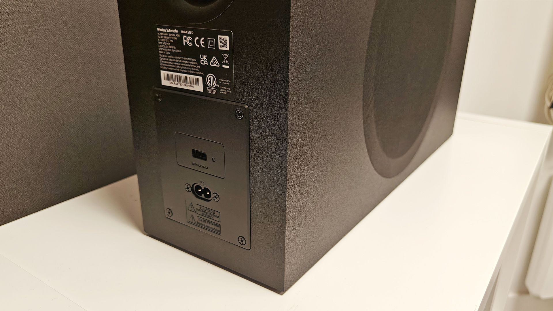 Valerion Thunderbeat 4.1.2 surround sound system rear of subwoofer showing connections
