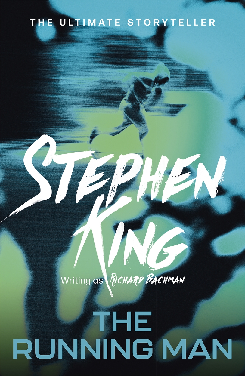 the cover of the running man by stephen king featuring blue and green design and a man in a sweatshirt running in the distance