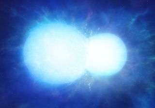 An artist's illustration shows two white dwarfs colliding into one snowman-shaped star.