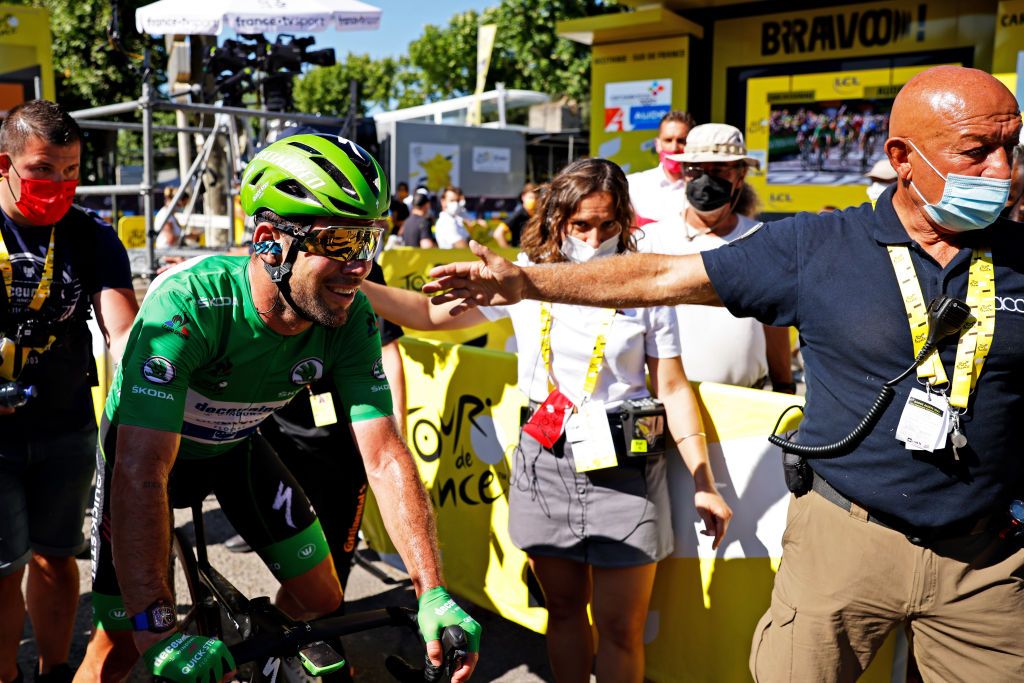 CARCASSONNE FRANCE JULY 09 Mark Cavendish of The United Kingdom and Team Deceuninck QuickStep Green Points Jersey celebrates at arrival during the 108th Tour de France 2021 Stage 13 a 2199km stage from Nmes to Carcassonne LeTour TDF2021 on July 09 2021 in Carcassonne France Photo by Stephane Mahe PoolGetty Images