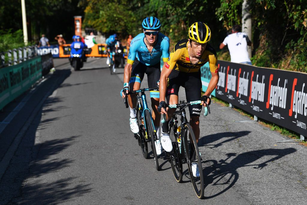 George Bennett (Jumbo-Visma) leads eventual winner Jakob Fuglsang (Astana) at the 2020 Il Lombardia