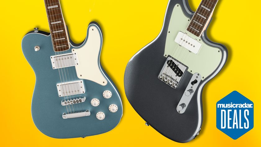 A Squier Tele and Squier Paranormal Offset Telecaster on a yellow background