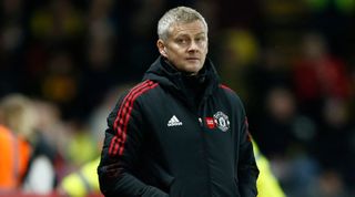 Manchester United manager Ole Gunnar Solskjaer looks on during the Premier League match between Watford and Manchester United at Vicarage Road on November 20, 2021 in Watford, England.