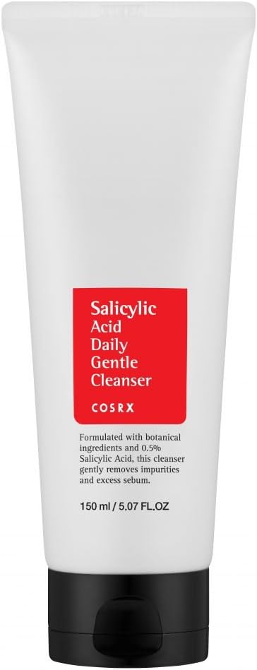 White bottle with black lid and red square on it that says Salicylic Acid Daily Gentle Cleanser