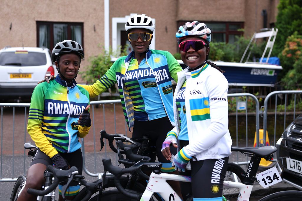 Jazilla Mwamikazi, Diane Ingabire, and Xaveline Nirere of Rwanda ahead of the elite/under-23 women&#039;s road race at the 2023 Glasgow World Championships