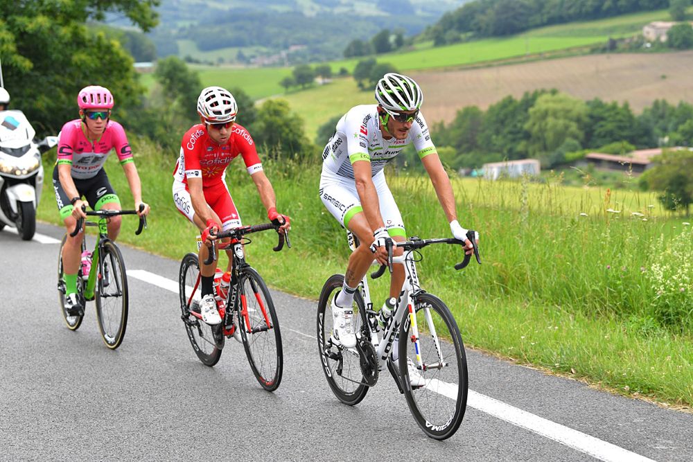 Nicolas Edet (Cofidis, Solutions Credits), Brice Feillu (Fortuneo-Samsic), Lawson Craddock (EF Education First-Drapac) in the breakaway during stage 1 at Criterium du Dauphine