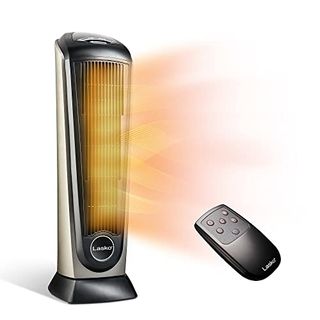 A black tower oscillating ceramic heater with a remote control. 