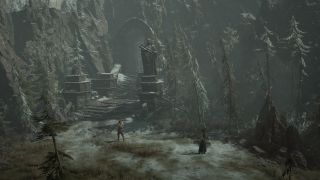 Diablo 4 Whispering Key - a statue stands to the right of stone steps leading up to an archway