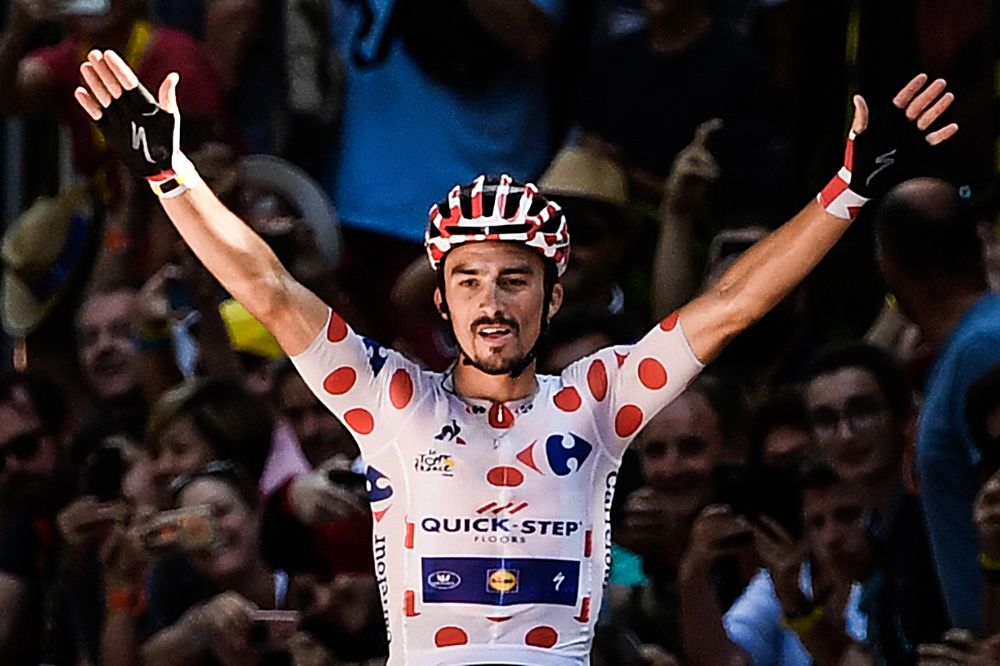Julian Alaphilippe (Quick-Step Floors) wins stage 16 at the Tour de France in Adam Yates (Mitchelton-Scott) attacks from the breakaway and leads the Tour de France stage 16 before crashing on the descent into Bagn&egrave;res-de-Luchon