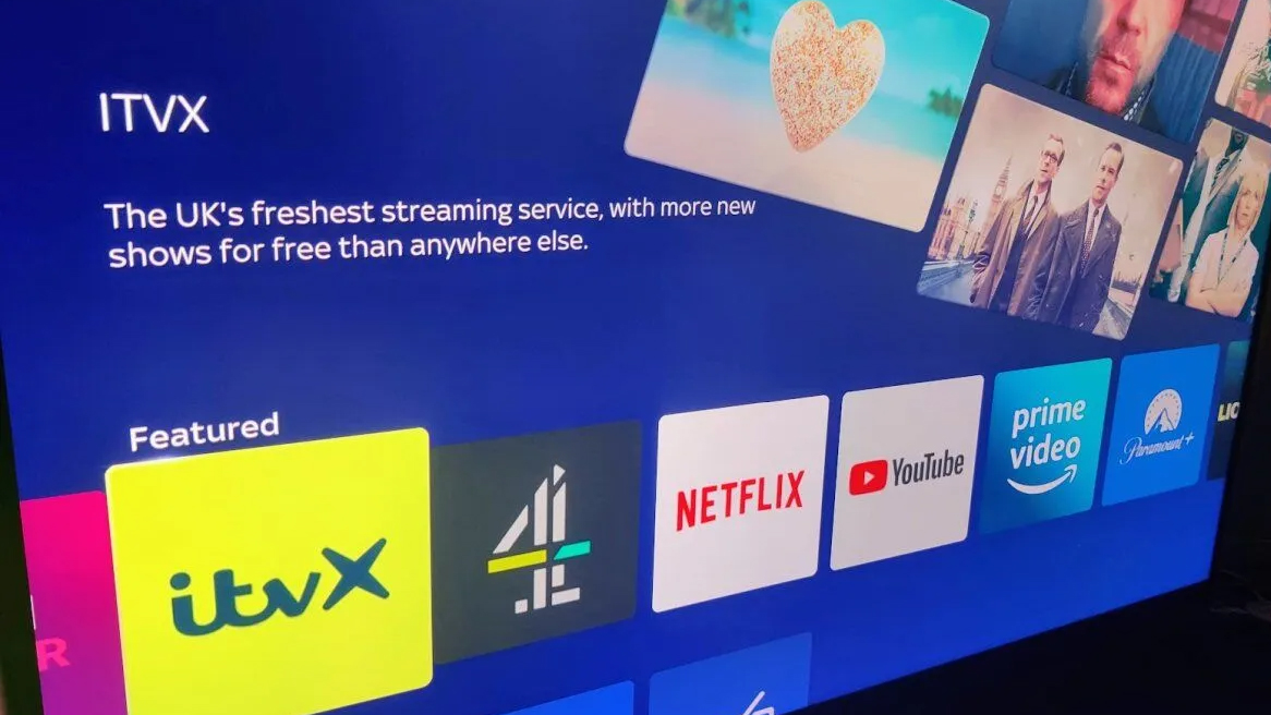 A screen showing the ITV X app on Sky 