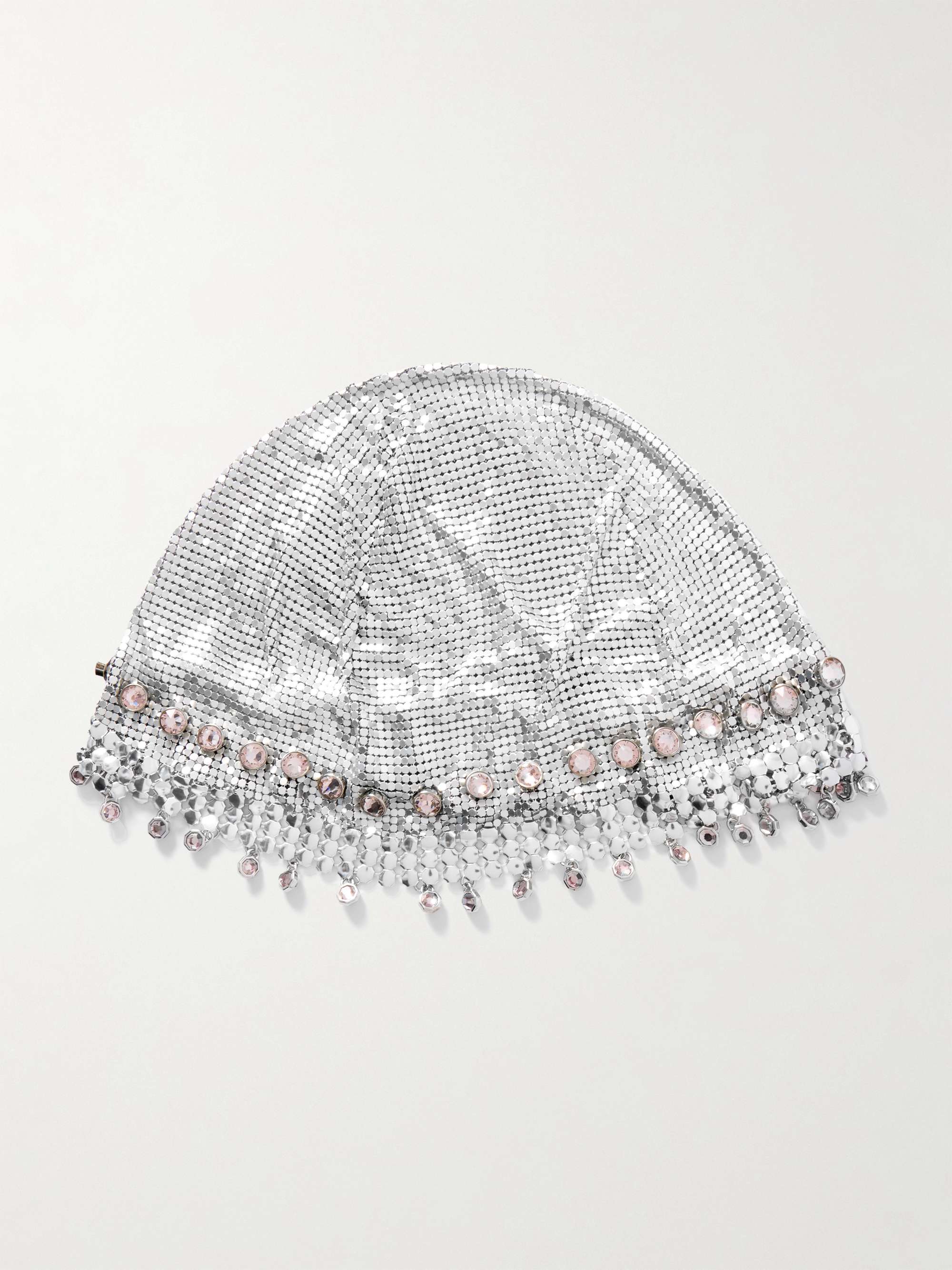 Fringed Crystal-Embellished Silver-Tone Chainmail Hat