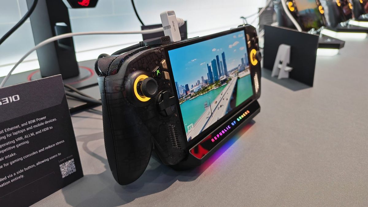The ROG Xbox Ally X20 on its official charging stand