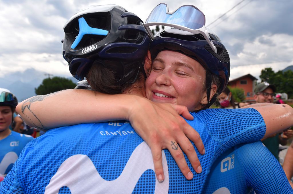 COLICO ITALY JULY 07 Aude Biannic of France Emma Norsgaard Jorgensen of Denmark and Movistar Team stage winner celebrates at arrival during the 32nd Giro dItalia Internazionale Femminile 2021 Stage 6 a 155km stage from Colico to Colico GiroDonne UCIWWT on July 07 2021 in Colico Italy Photo by Luc ClaessenGetty Images