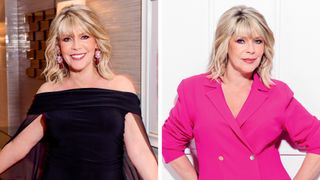 Collage of images of Ruth Langsford smiling with blonde curled bob and wearing a black off-the-shoulder dress and wearing a fuchsia pink blazer