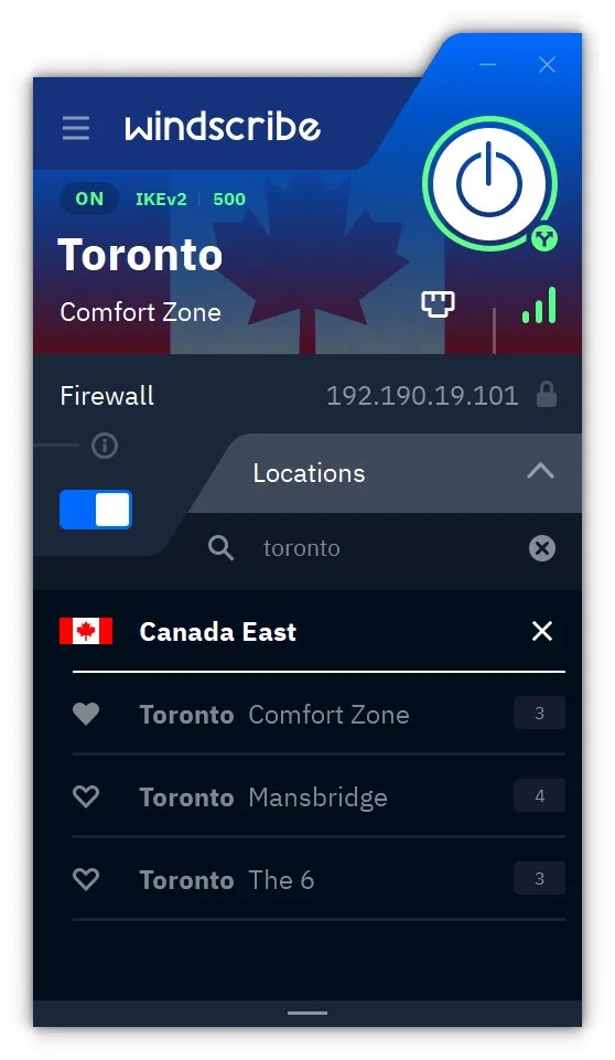 Windscribe VPN app showing server locations