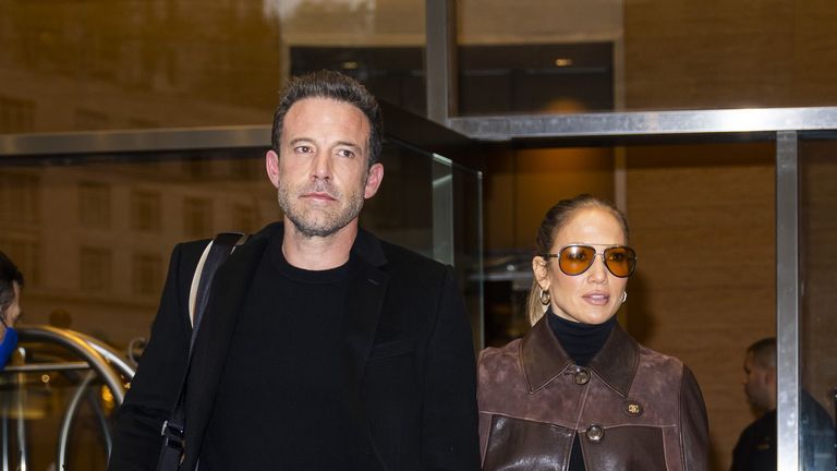 new york, new york october 10 ben affleck l and jennifer lopez are seen in midtown on october 10, 2021 in new york city photo by gothamgc images