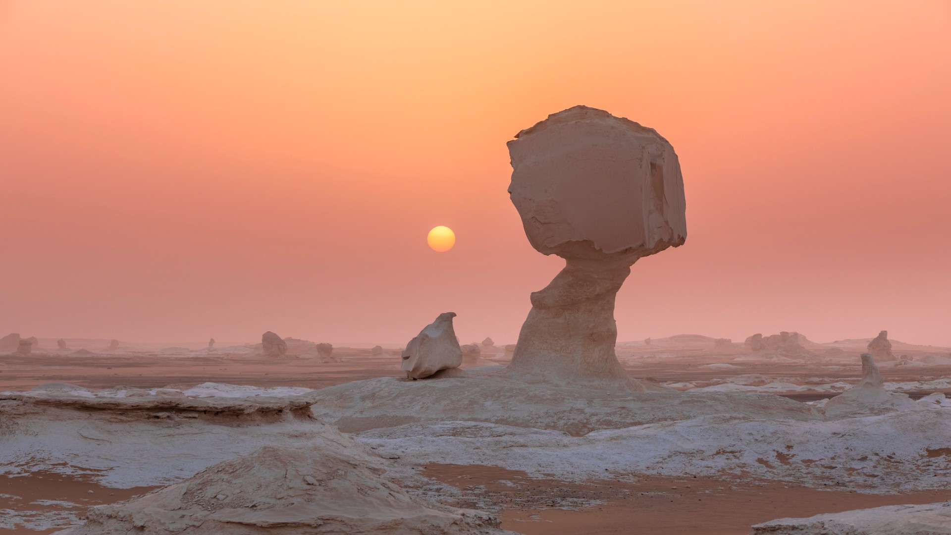 Vast open desert landscape dotted with limestone rock formation at sunset. The focus is on a giant mushroom-shaped rock.