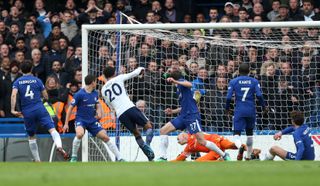 Dele Alli, centre left, scores Tottenham's third goal against Chelsea in April 2018