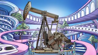 An illustration of "The Last Oil Rig" on display in a futuristic setting
