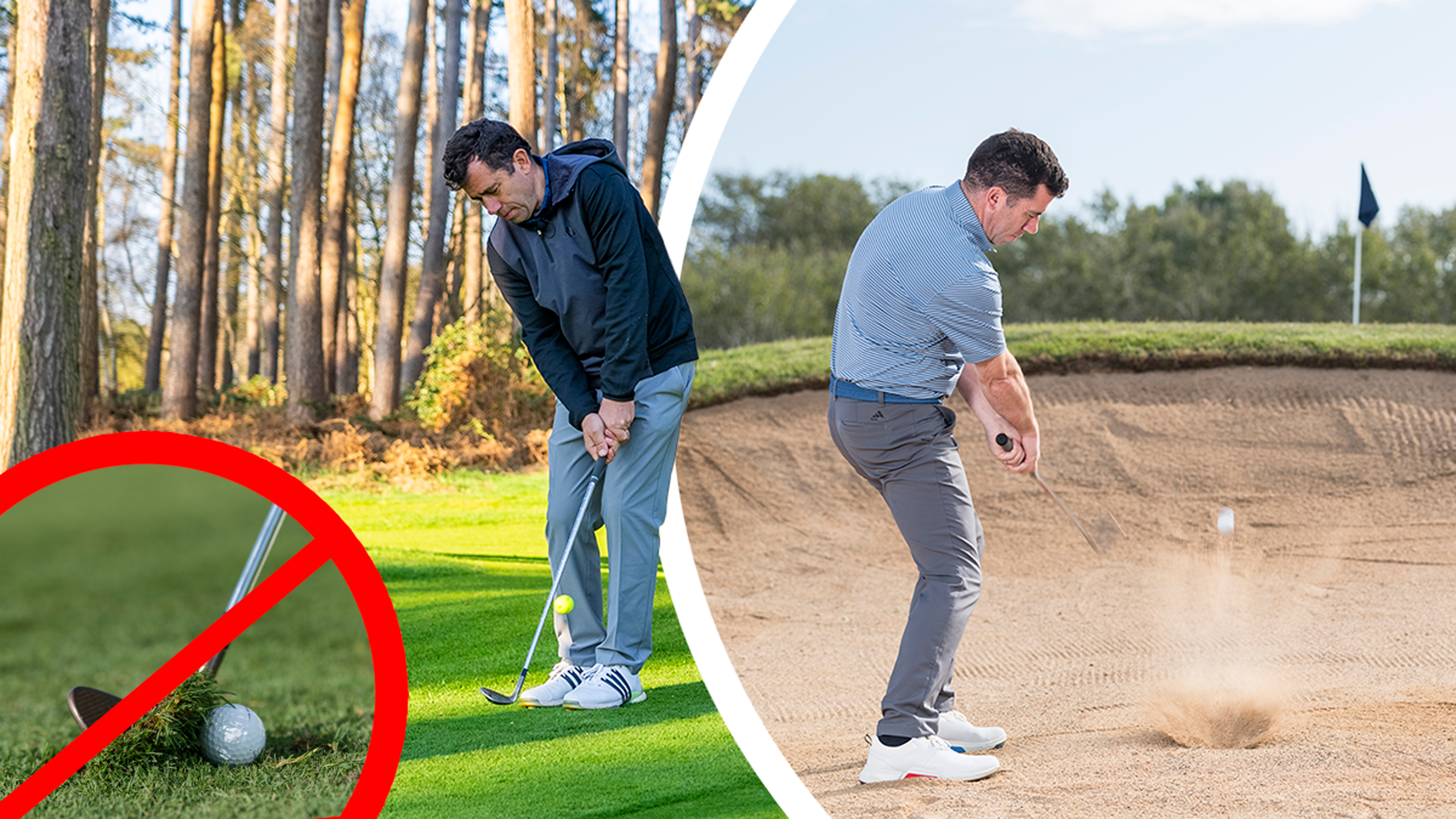 Dan Grieve hitting a chip shot from around the green with a wedge and a bunker shot from the sand with a wedge, with an inset image in the bottom left hand corner of a duffed chip shot with turf behind the ball obscured by a red line in a circle to indicate an error