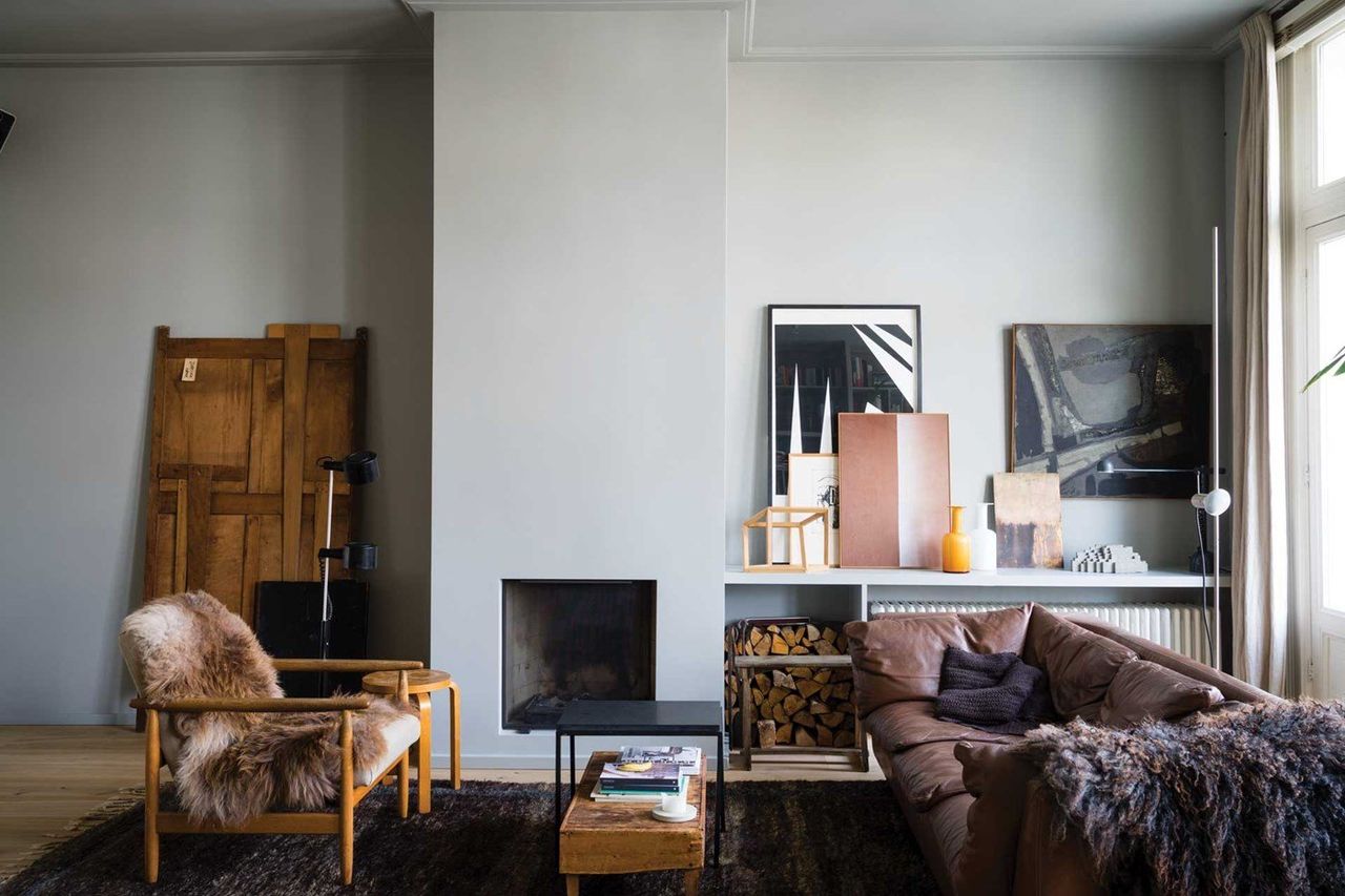 Farrow &amp; Ball grey paint used in a modern and minimalist Scandi-style living room