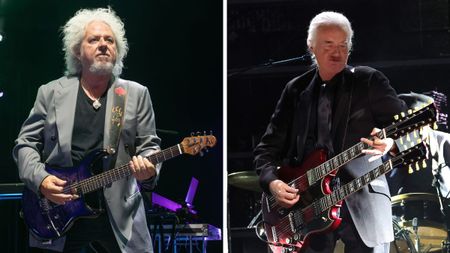 Left-Steve Lukather of Toto performs at Toyota Pavilion at Concord on August 25, 2025 in Concord, California; Right- Jimmy Page performs onstage during the 38th Annual Rock & Roll Hall Of Fame Induction Ceremony at Barclays Center on November 03, 2023 in New York City