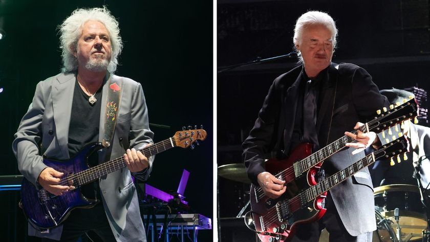 Left-Steve Lukather of Toto performs at Toyota Pavilion at Concord on August 25, 2025 in Concord, California; Right- Jimmy Page performs onstage during the 38th Annual Rock &amp; Roll Hall Of Fame Induction Ceremony at Barclays Center on November 03, 2023 in New York City