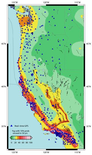 Location of the more than 500 real-time GPS monitoring stations in the western United States that make up the Real-Time Earthquake Analysis for Disaster Mitigation Network.