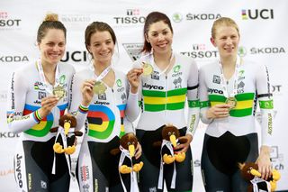 Ashlee Ankudinoff, Georgia Baker, Amy Cure and Isabella King of Australia celebrate their gold medal following the final of the Womens Team Pursuit