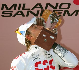 Fabian Cancellara (Team CSC) celebrates on the podium of the 99th Milan-San Remo