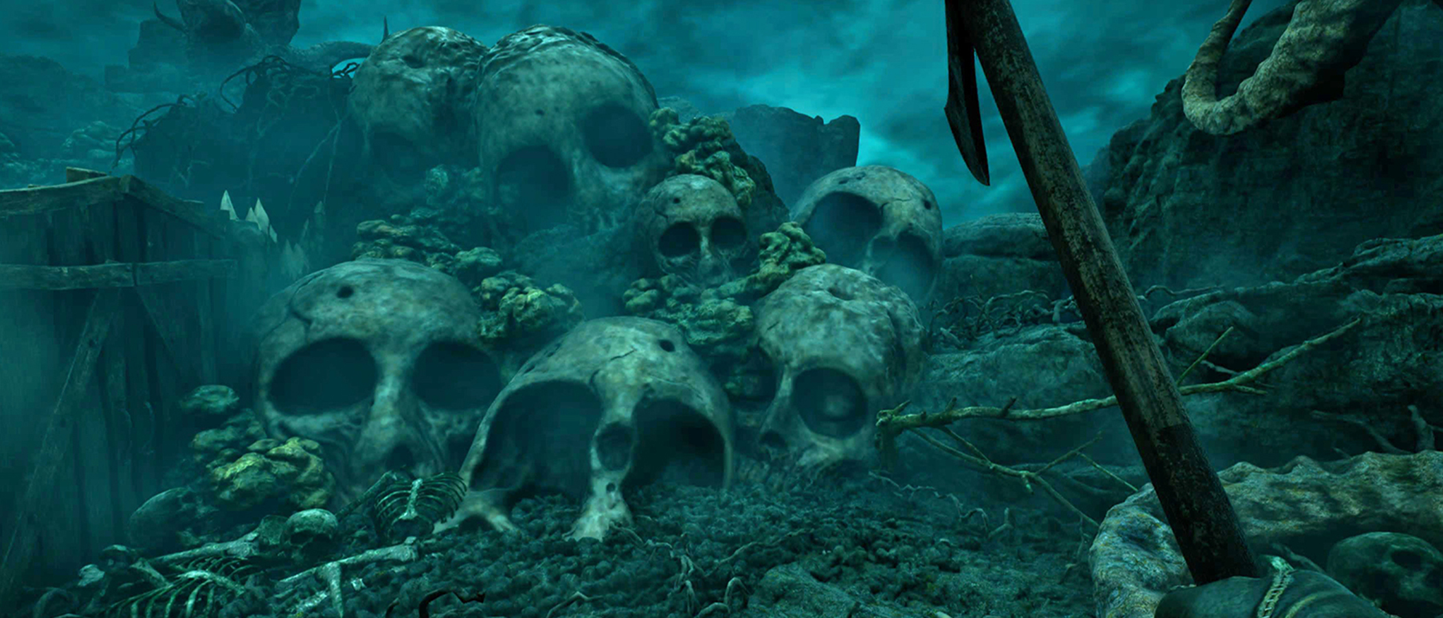 Screens from a horror game set in a dense jungle
