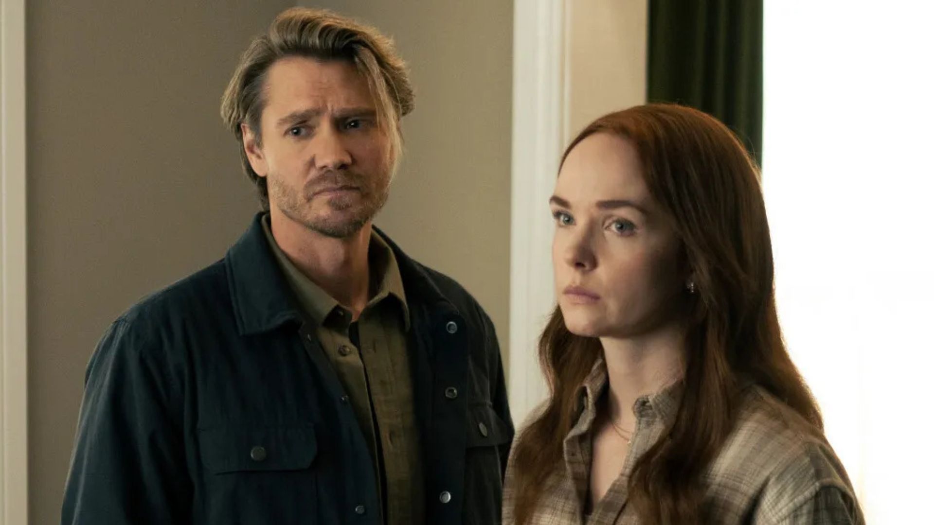 Chad Michael Murray and Morgan Kohan look concerned at something offscreen