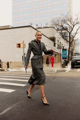 Grey suits street style.