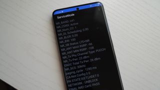 Service mode on a Samsung Galaxy S20+ showing 5G NR band details