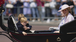 Diana, Princess of Wales (1961 - 1997) in a carriage with her sons Prince William and Prince Harry, and Queen Elizabeth the Queen Mother (1900 - 2002), outside Buckingham Palace in London during the Trooping the Colour ceremony, UK, 17th June 1989