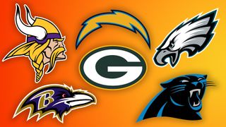 Minnesota Vikings, Baltimore Ravens, Green Bay Packers, Los Angeles Chargers, Philadelphia Eagles, Carolina Panthers NFL logos