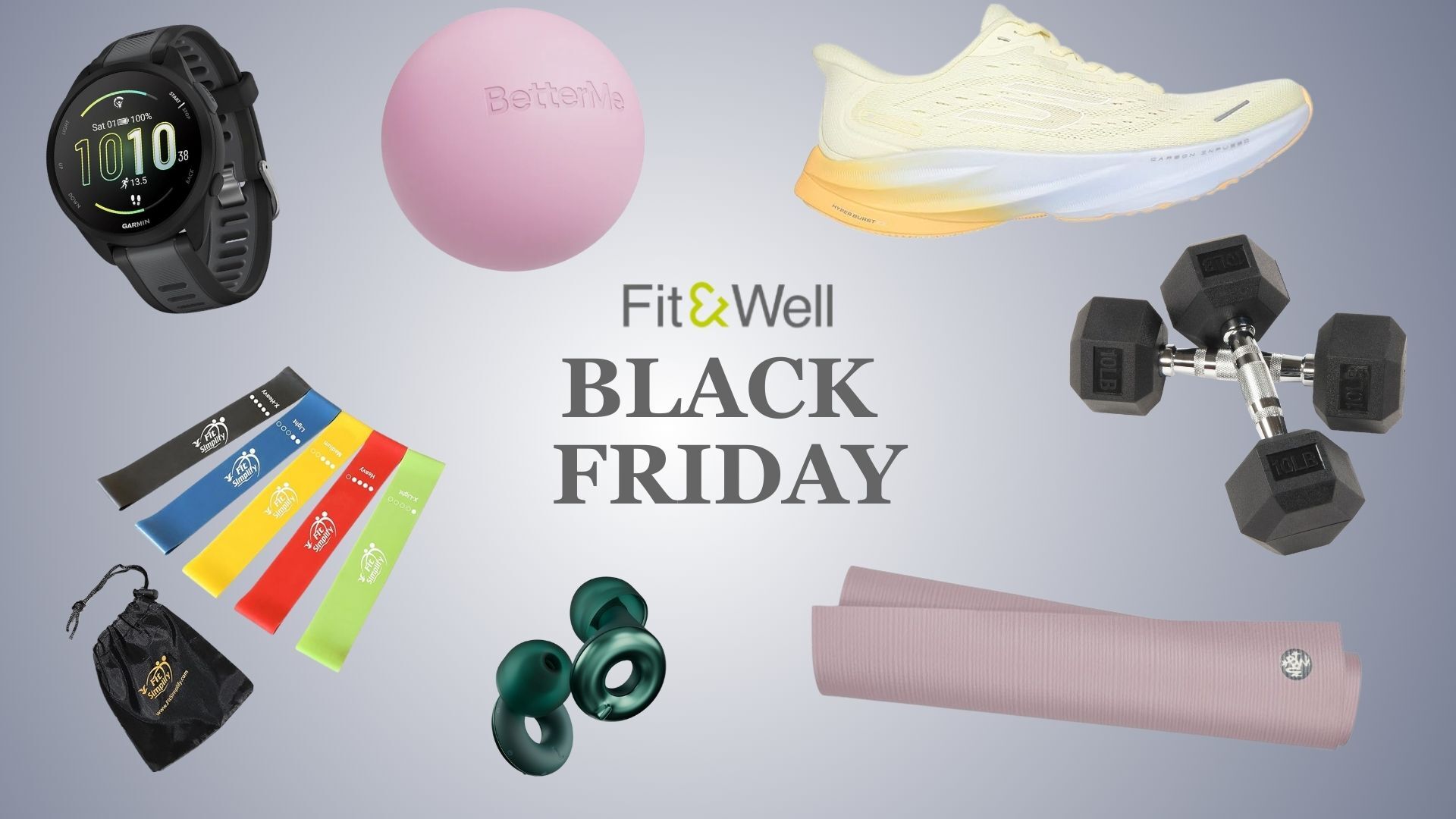 Array of fitness products on grey background, text in center of image reads: Fit&amp;amp;Well Black Friday