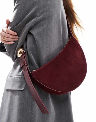 Asos Design Suede Sling Crossbody Bag With Dome Hardware Detail in Burgundy