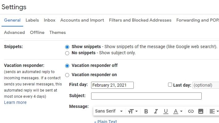 Gmail's settings menu, showing how to control snippets