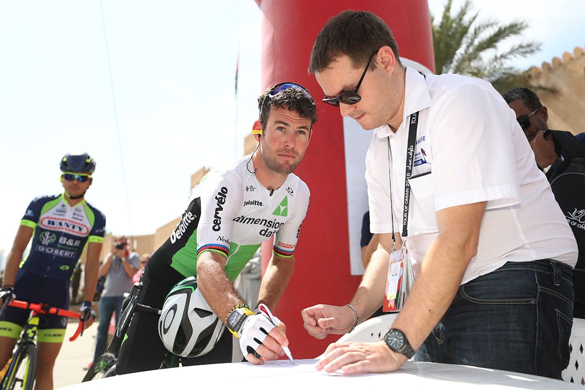 Mark Cavendish (Dimension Data) reports for duty at the Tour of Oman.
