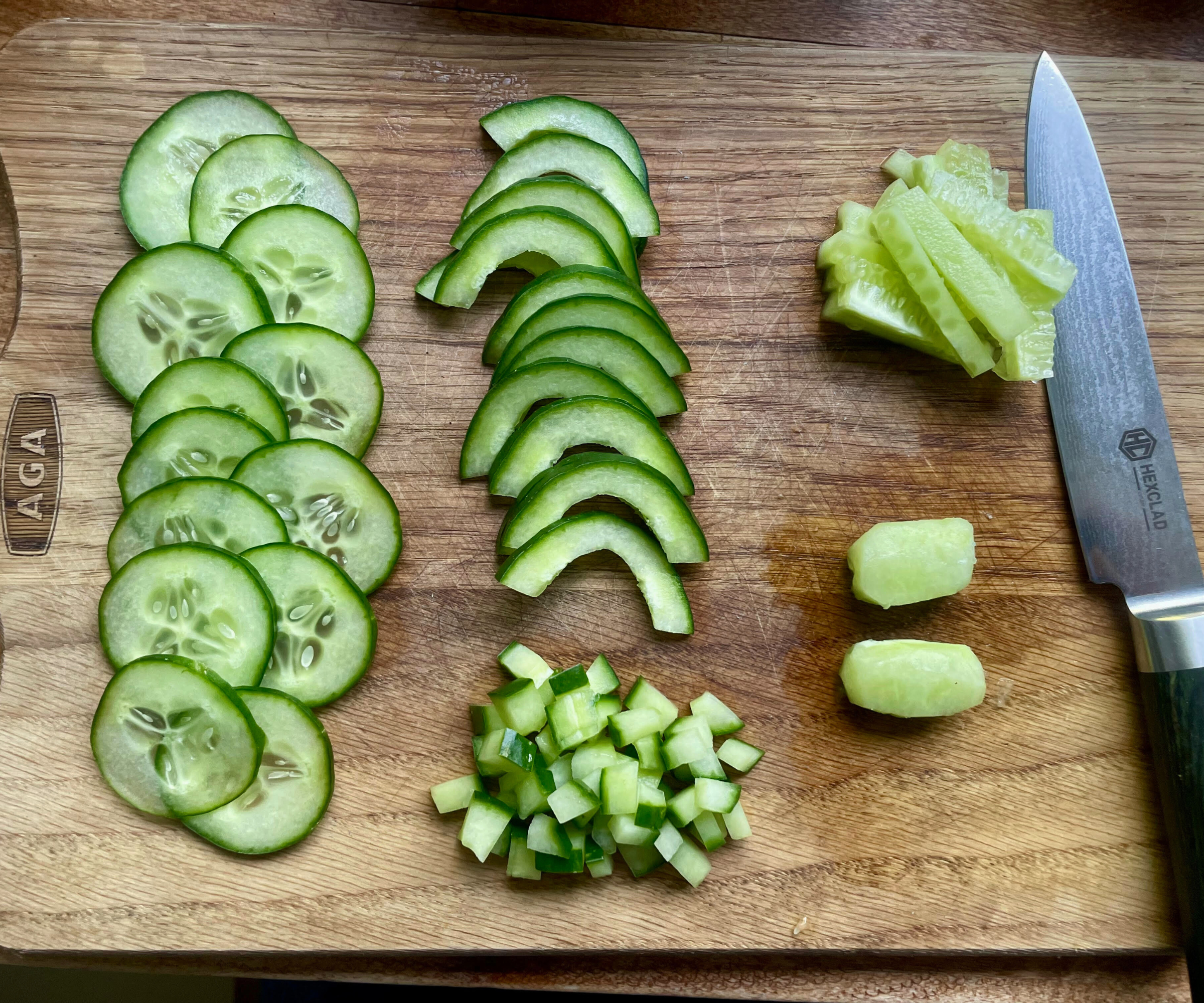 A cucumber chopped five ways with the HexClad knife set