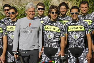 Team boss Oleg Tinkov with the team in its new La Datcha training kit
