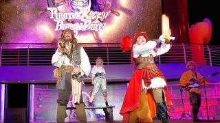 Captain Jack Sparrow and Redd at the Pirates Rockin' Parlay Party on the Disney Wish
