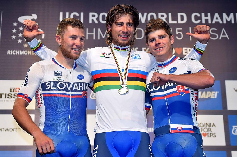 Peter Sagan invited his Slovakian teammates to celebrate with him on the podium