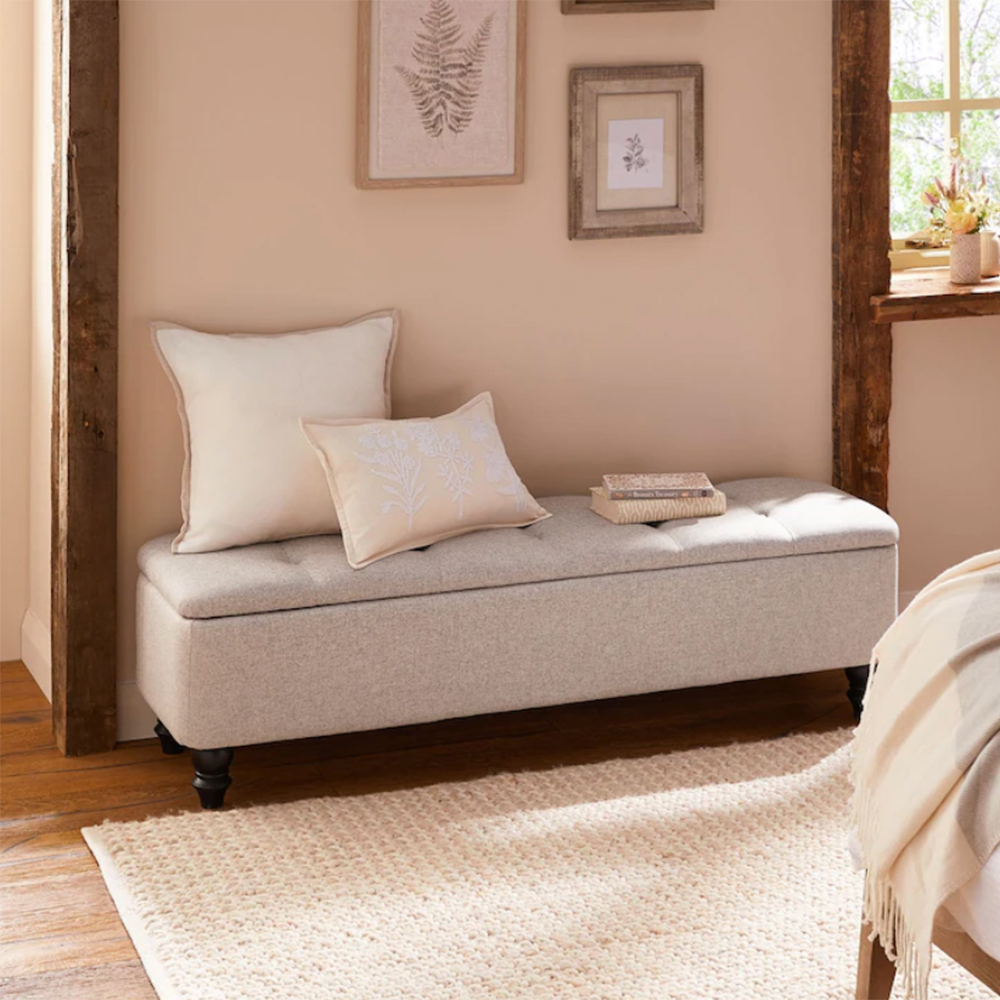 Beige linen storage ottoman