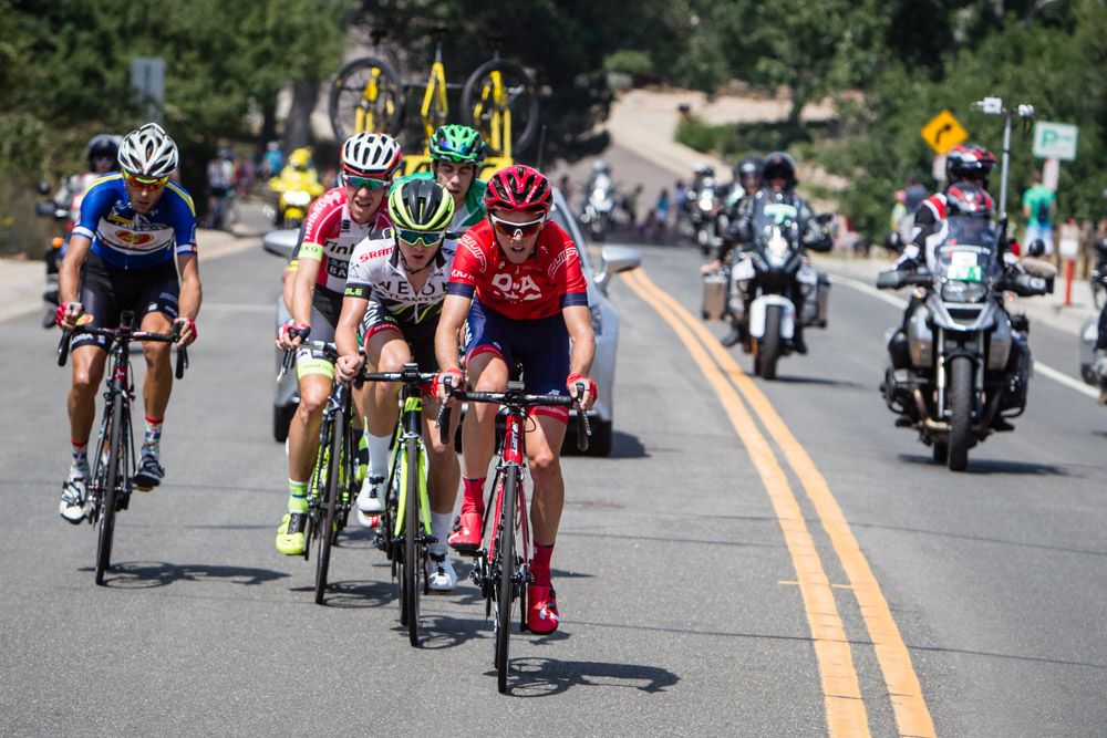 Todays break hits the base of the climb led by Sam Spokes (Drapac)