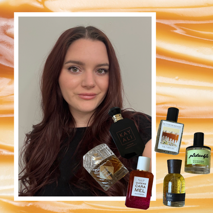 headshot of brooke knappenberger with white border with photos of the 7 virtues buttercream haze, ds & durga pistachio, gabar galone, ellis brooklyn queens caramel, kilian angels share overlaid on Caramel smeared background