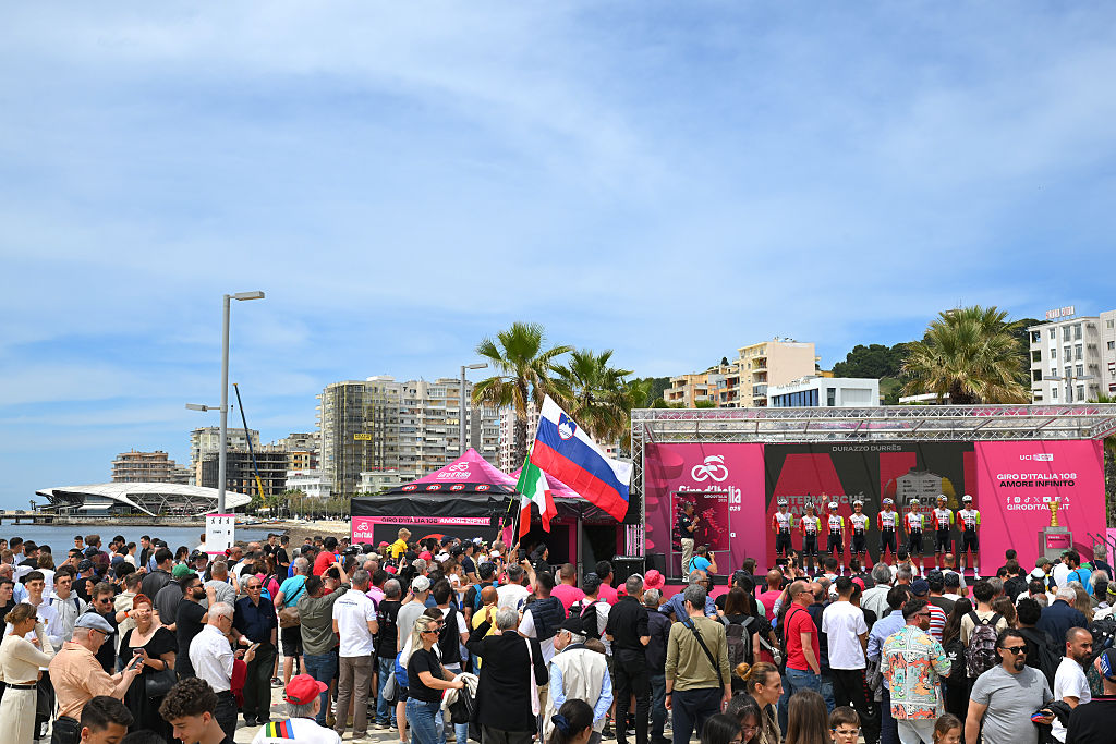 Crowds gather in Durrës, Albania for the team sign-on ahead of the start of the 2025 Giro d'Italia opening stage